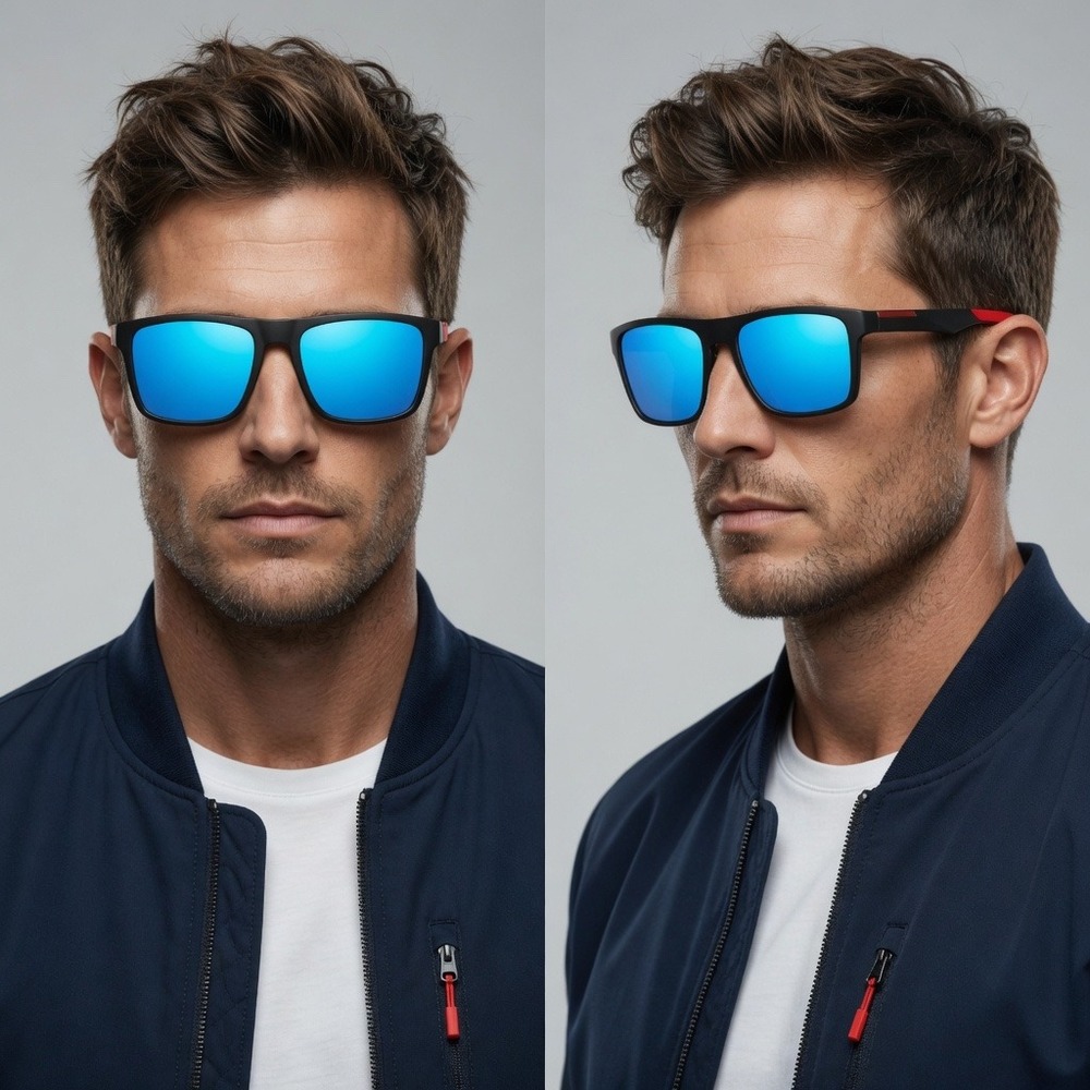Mens Square Sunglasses Black Frame Blue Mirrored Lens Accents Outdoor Work Gafas